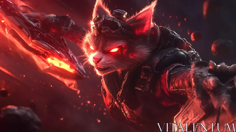 Red-Eyed Cat Warrior with Glowing Weapon AI Image