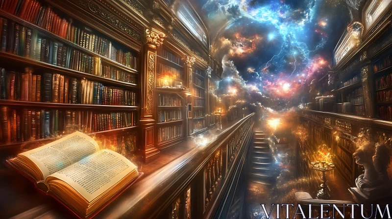 Library Hall with Cosmic Sky Portal AI Image