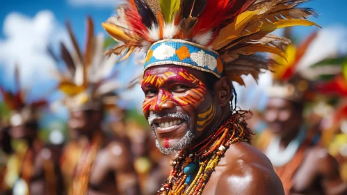 Traditional Man with Feathers and Painted Face