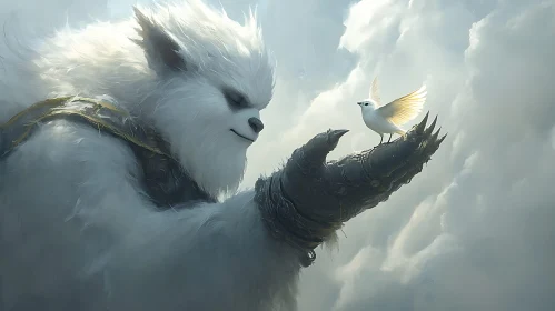 Gentle Yeti with Bird in Cloudy Sky