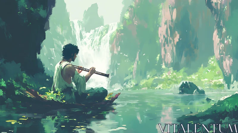 AI ART Man Playing Flute by Waterfall