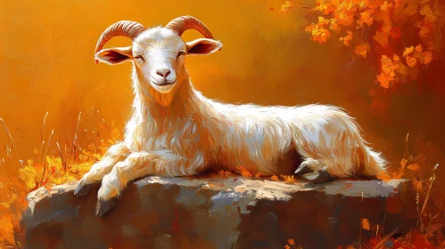 Restful Goat in Autumn Landscape