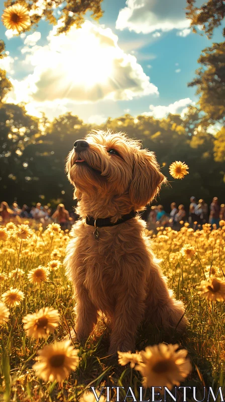 Golden Moment with Dog and Flowers AI Image