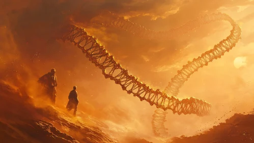 Figures Gazing at Floating DNA in Golden Landscape