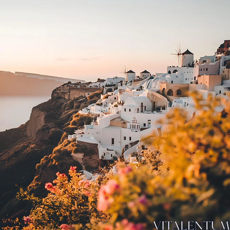 Cliffside Village at Sunset AI Image