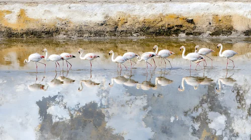 Flamingos Wading in Shallow Water