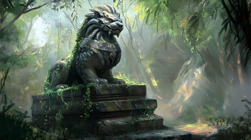 Stone Lion in Verdant Jungle