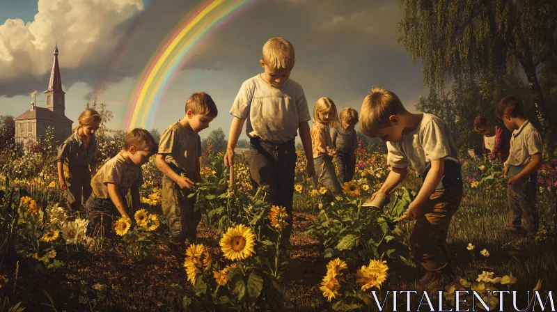 Kids Gardening in a Floral Meadow AI Image