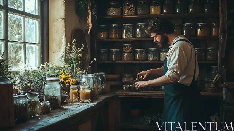 AI ART Man Preparing Herbs in Rustic Kitchen