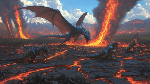 Dragon Family in Volcanic Eruption