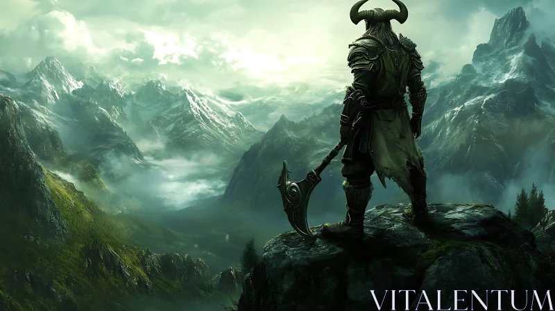 Horned Warrior with Axe on Mountain AI Image