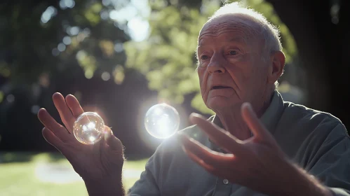 Elderly Man Holding Luminous Spheres