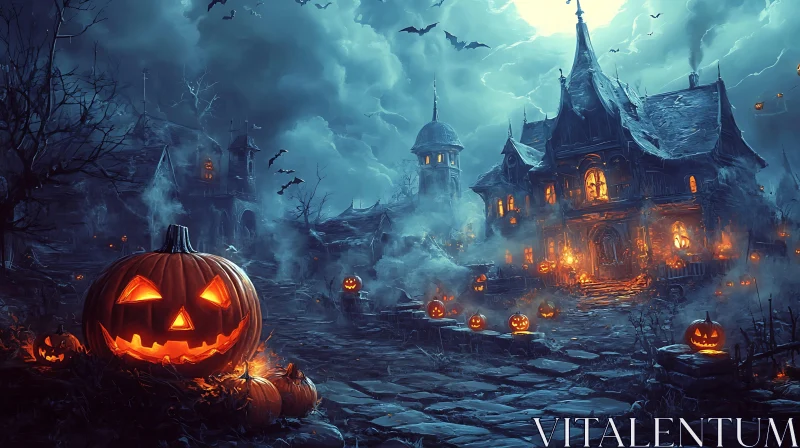 Halloween Night with Pumpkins and Bats AI Image