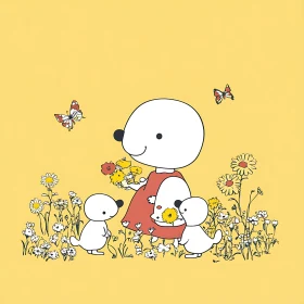 Cute Animal Family in Floral Cartoon Scene