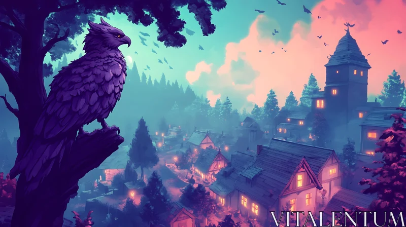 Purple Eagle in Fantasy Village AI Image