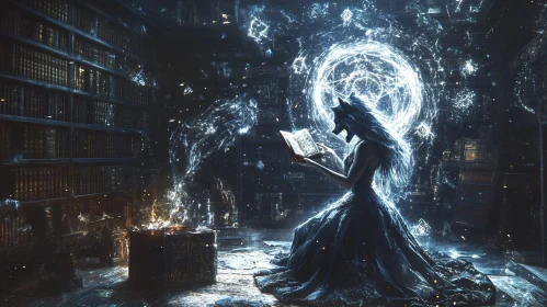 Mystical Library Scene with Wolf Woman