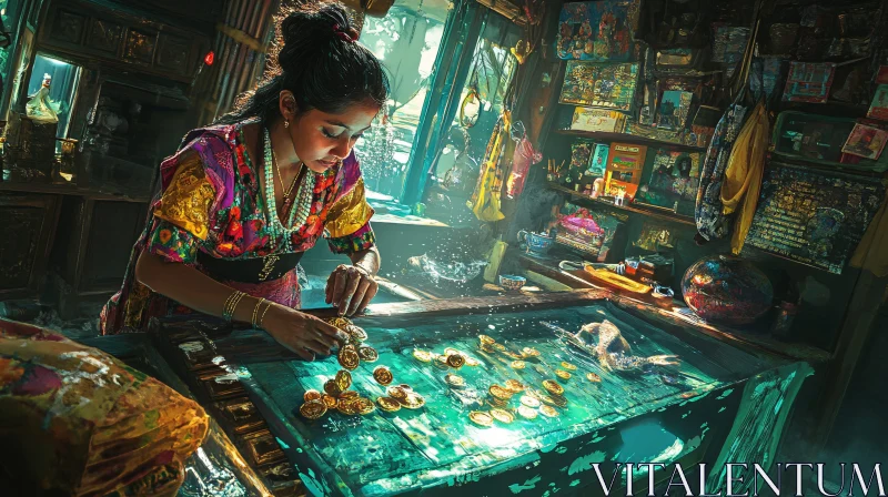 Woman Crafting with Coins in Antique Shop AI Image