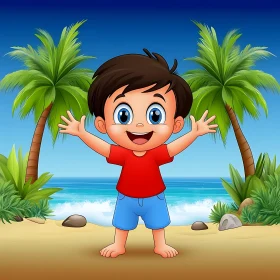 Cartoon Boy Welcoming the Beach