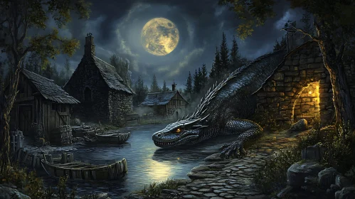 Moonlit Dragon by the Riverside Village