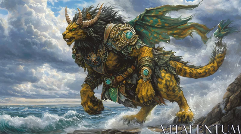 AI ART Armored Winged Lion by the Sea