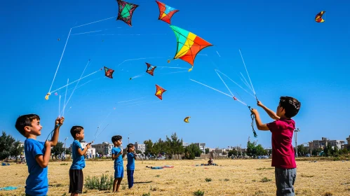 Kids Enjoying Kite Flying in Open Field