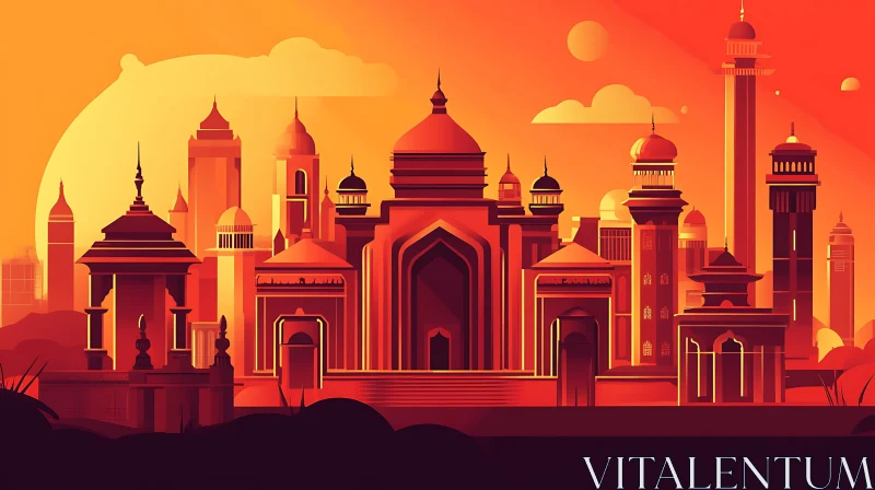 Stylized Sunset Cityscape in Orange and Red AI Image