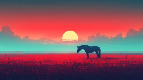 Horse in a Radiant Sunset Field