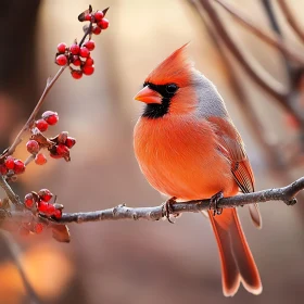 Red Cardinal Bird on a Berry Branch