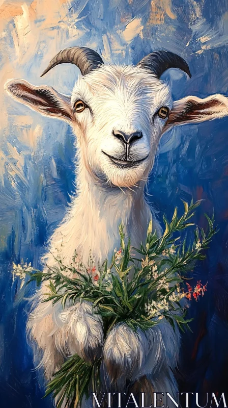 AI ART Goat Portrait with Flowers