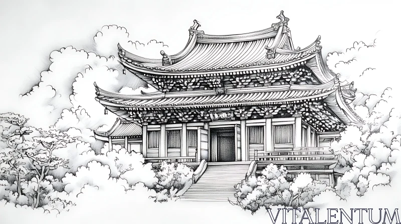 Asian Temple Among Clouds Monochrome Art AI Image