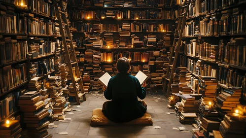 Person Reading in a Book Filled Room