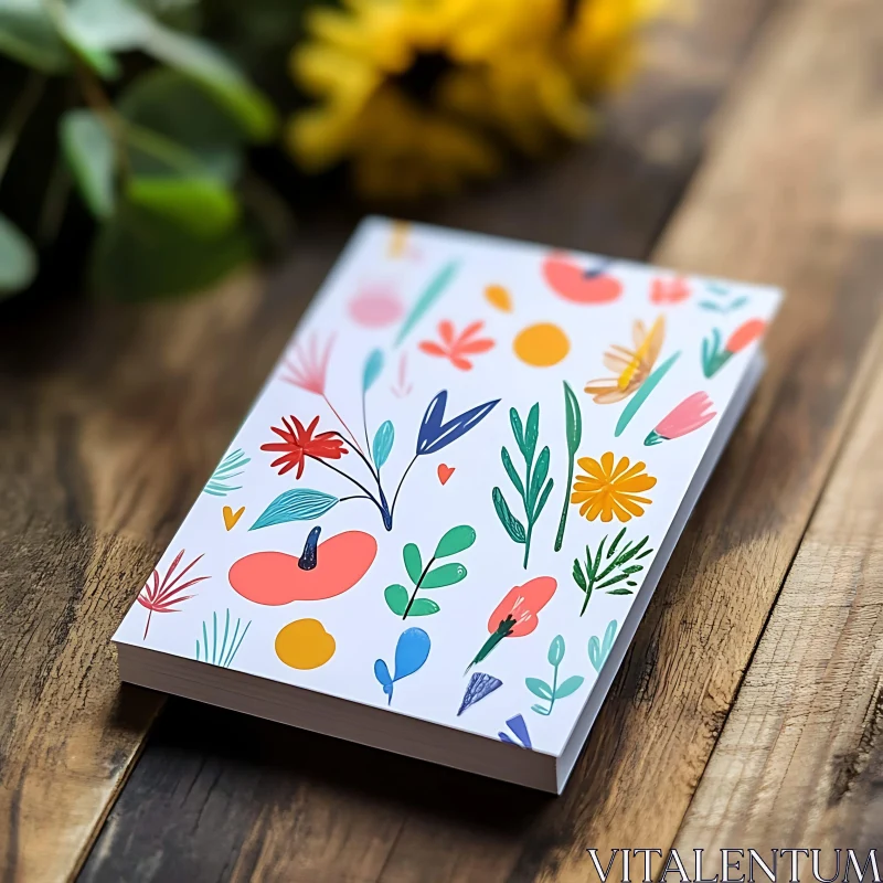 Colorful Floral Design Notebook on Wood Background AI Image