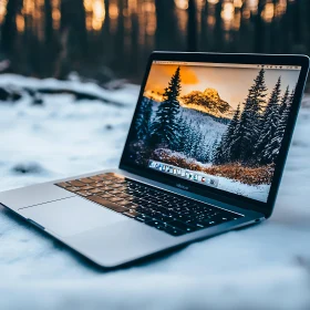 Laptop Outdoors in Snow with Mountain View