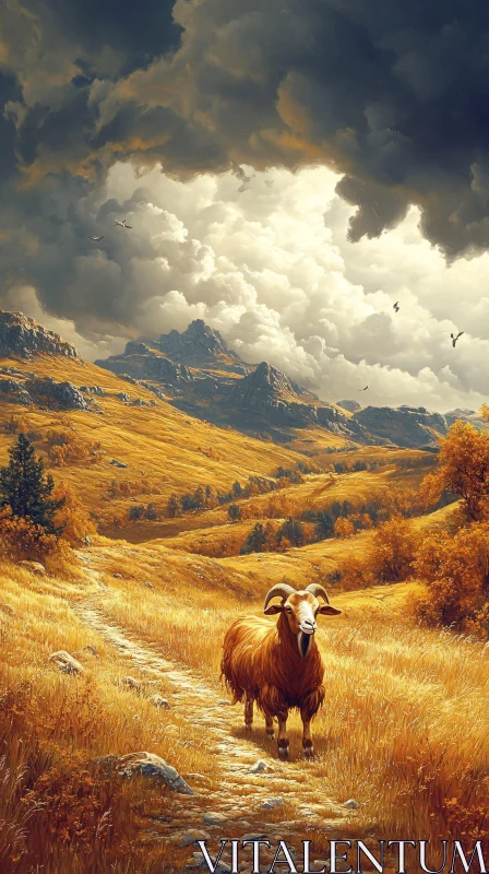 Sheep in Autumn Mountain Scene AI Image