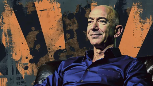 Jeff Bezos in Blue Shirt with Abstract Orange and Black Art