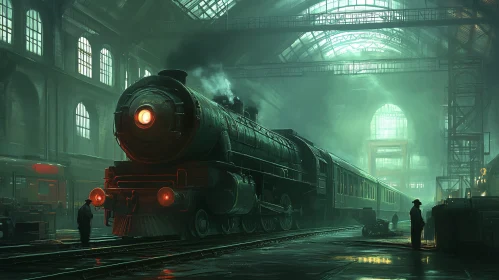 Vintage Locomotive in Misty Depot
