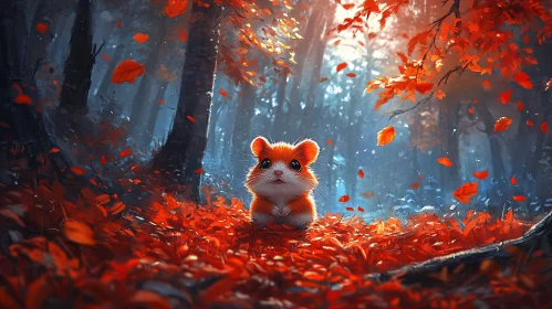 Cute Hamster Among Autumn Leaves