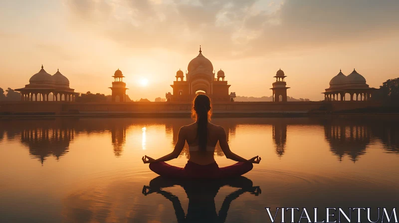 Woman Meditating During Sunset at Temple AI Image