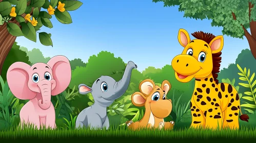 Cartoon Jungle with Happy Animals