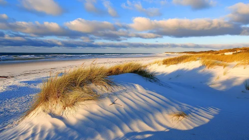 Tranquil Beach with Sandy Dunes and Clouds