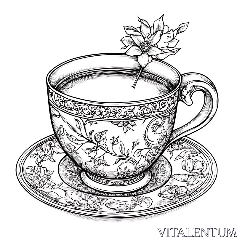 AI ART Teacup with Flower Line Drawing