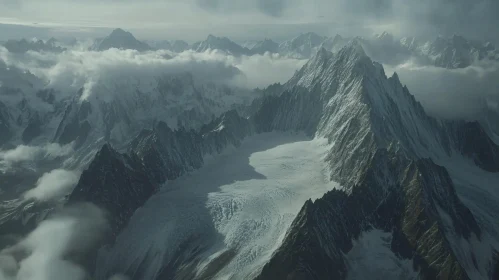 Ethereal Mountain Range Shrouded in Clouds