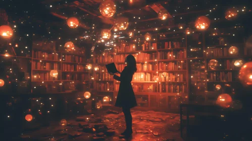 Silhouette Reader in a Glowing Library