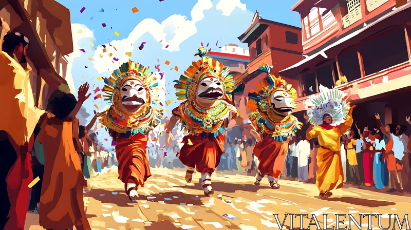 Colorful Celebration with Traditional Masks AI Image