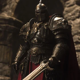 Armored Knight with Sword in Stone Setting