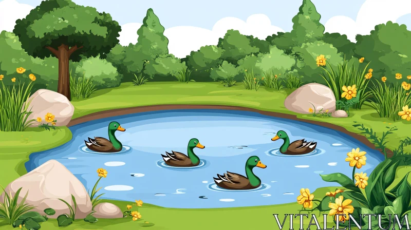 AI ART Peaceful Pond with Ducks and Greenery