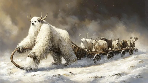 Creature Hauling Sled with Deer in Winter