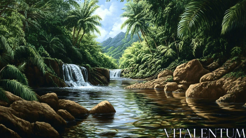 AI ART Peaceful River Cascades in Tropical Jungle