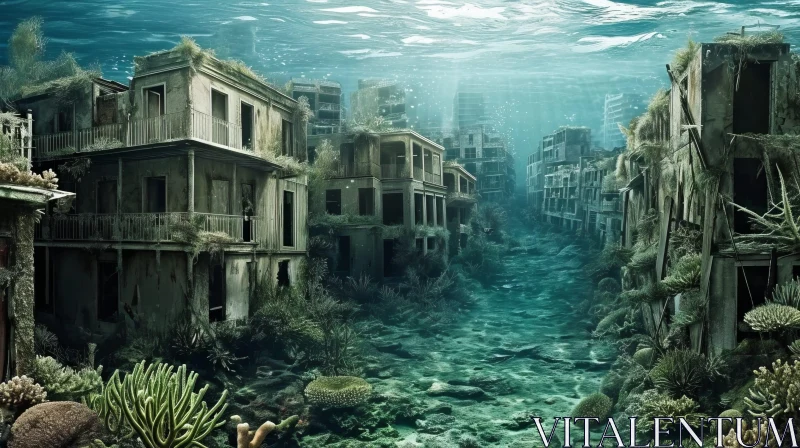 Desolate Post-Apocalyptic Underwater City in Ruins AI Image