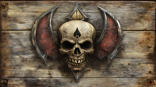 Winged Skull with Spade Symbol on Wood